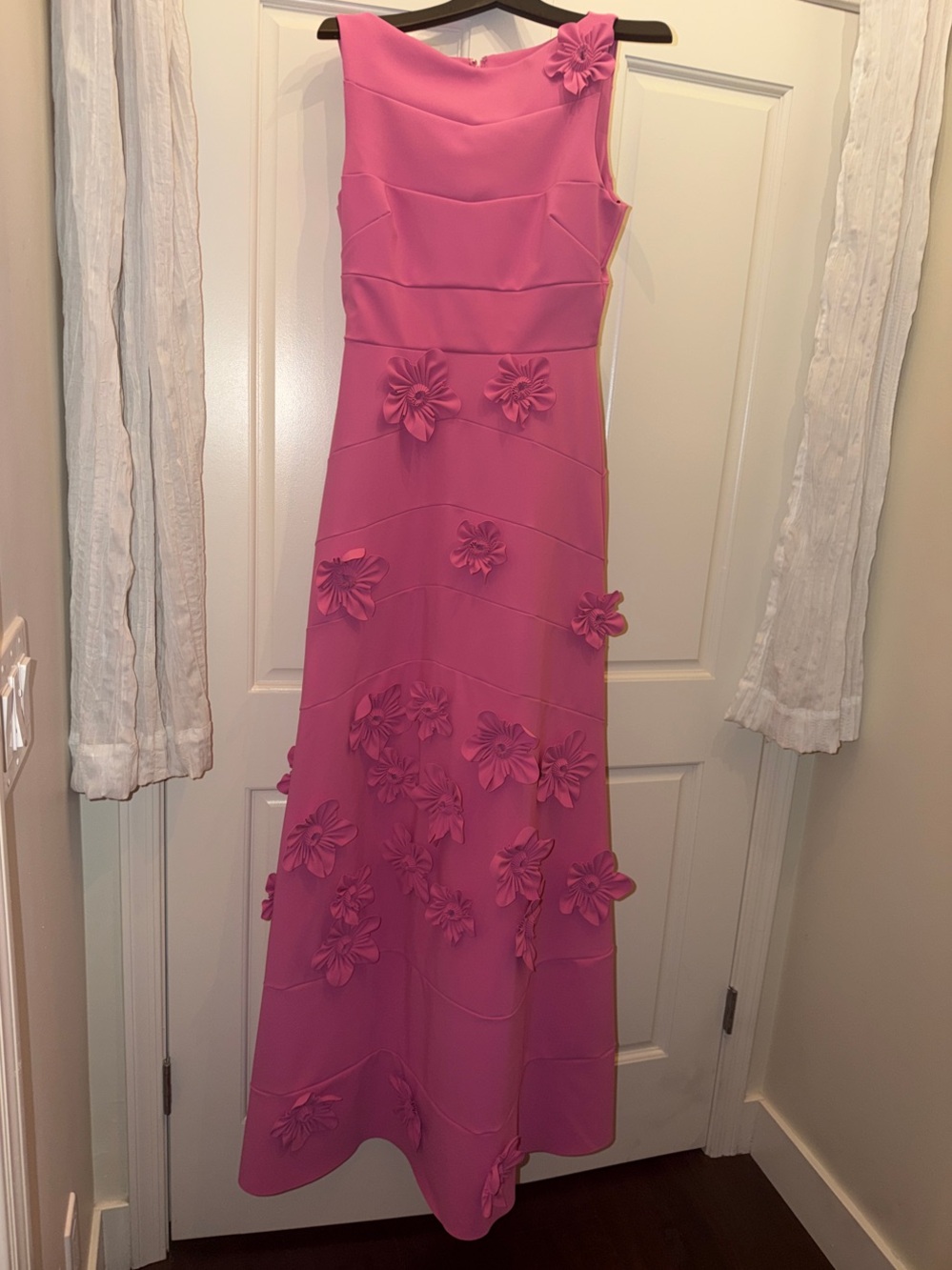 Feminine Pink Maxi Dress with 3D Floral Appliqués